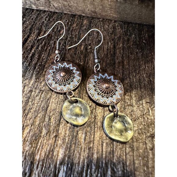 Boho Hippie Western Delicate Copper Sunshine Drop Wire Earrings, Gift Box - Picture 5 of 7